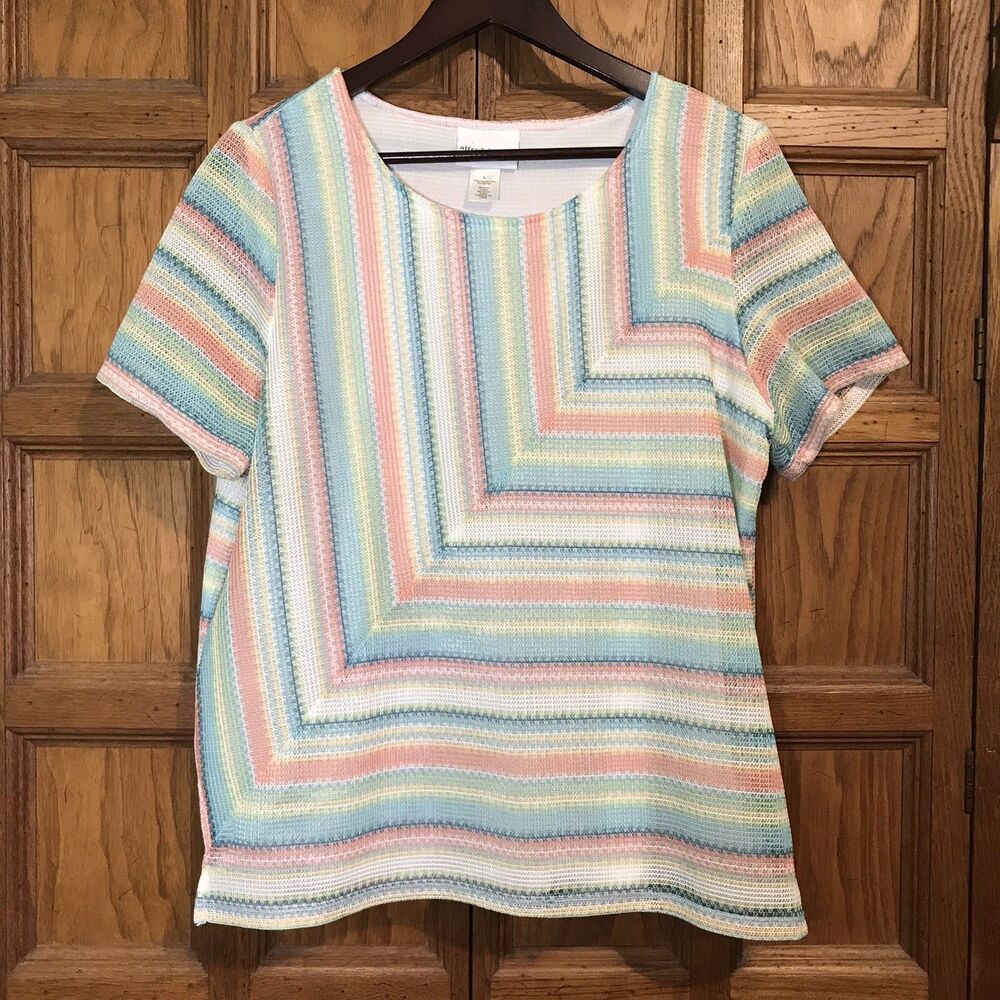 Alfred Dunner Pastel Lined Mesh Top Women's L Short Sleeve Scoop Neck Blouse